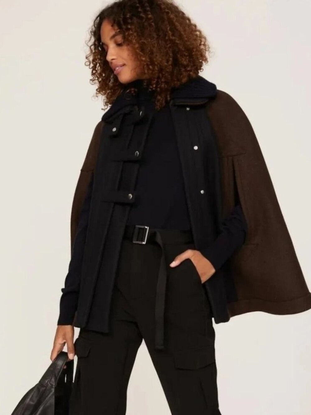 PLAN C Roll-Neck Wool Blend Cape Jacket Brown Navy 42 US 4-6